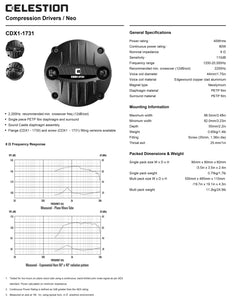 Celestion CDX1-1731 1-inch Screw-on Neodymium Compression Driver 40 Watt RMS 8-ohm Chart Specs Specifications