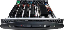 Load image into Gallery viewer, AD80 power amplifier module, shown in a rack-mount style with its front panel open to reveal internal electronic components, heat sinks, and capacitors on a white background.