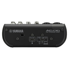 Load image into Gallery viewer, Yamaha AG06 Live Streaming Mixer rear view showing ports and controls on a white background.