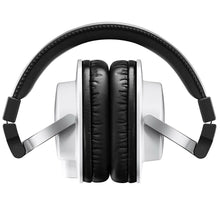Load image into Gallery viewer, White over-ear headphones with black ear cushions and a black padded headband, shown from the front on a plain white background.