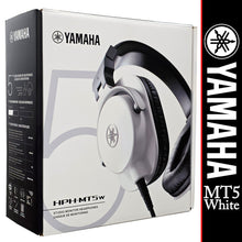 Load image into Gallery viewer, Yamaha HPH-MT5w monitor headphones retail box in white and black, featuring a large printed image of the headphones on the front panel. A vertical black sidebar on the right shows the Yamaha logo and the text 'MT5 White'.