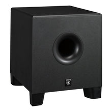 Load image into Gallery viewer, A black Yamaha subwoofer speaker with a square-shaped cabinet, a large circular driver in the center, and a small Yamaha logo badge near the bottom front, shown on a plain white background.