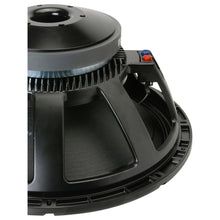 Load image into Gallery viewer, Close-up of a black speaker magnet and rear basket shows speaker terminals red and blue with a white background