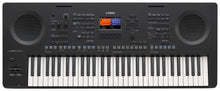 Load image into Gallery viewer, Yamaha PSRSX620 electronic music keyboard arranger in black, featuring 61 white and black piano keys, dual circular side speakers, and a central color display screen.
