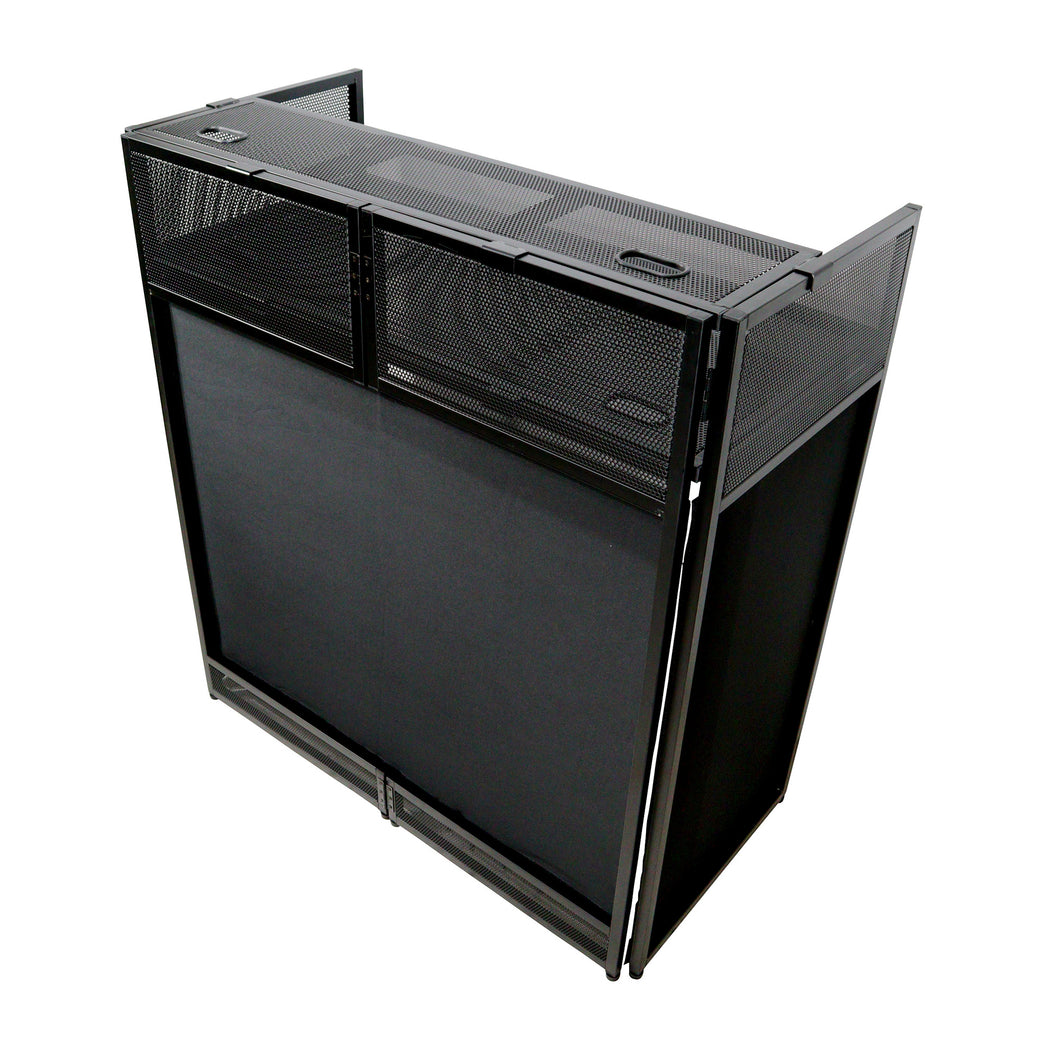ProX XF-VISTABLMK2 VISTA DJ Booth Facade Table Station with White / Black Scrim kit and Padded Travel Bag | Black Hardware