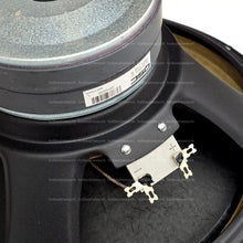 Load image into Gallery viewer, Close-up of a speaker cone with visible branding and electrical components terminals positive negative