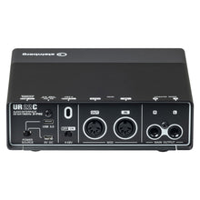 Load image into Gallery viewer, Steinberg UR22C audio interface Rear View on a white background Power Source 5V DC USB 3.0 Phantom +48V Off/On Midi In/Out Quarter Inch 1/4" Main Outputs L R