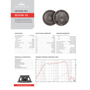 Eminence Delta Pro-12A 12-inch Speaker 400 Watt RMS 8-ohm 0876358000333 specification sheet